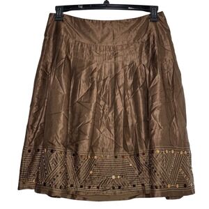 Alfani Petite Brown Silk Blend‎ Embroidered Sequin A-Line Skirt Size 12P A75